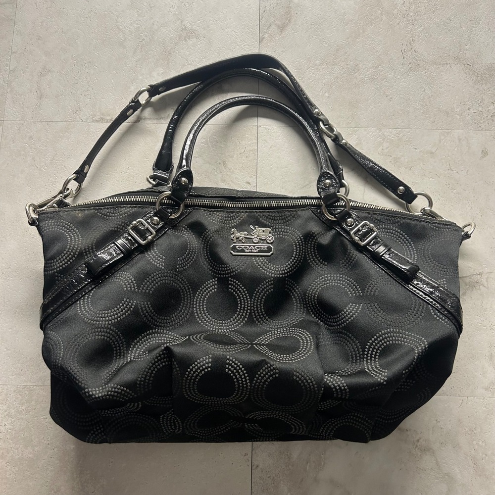 Coach 15957 Black Dotted Optic C Jacquard Satchel Bag Patent Leather Trim Large